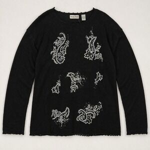 Boho vtg 90s witchy Black Beads Embroidery Paisley Cotton Sweater NWT grannycore